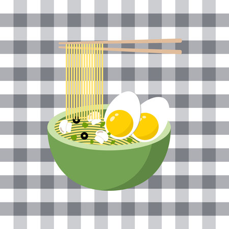 Illustration of noodles with mushrooms, eggs, olives, herbs and chinese chopsticks in a green bowl on a modern checkered tablecloth.のイラスト素材