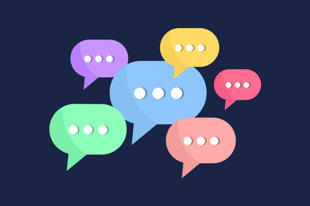 Minimalistic blue, green, pink, yellow speech bubbles. Modern conversation or social media posts.のイラスト素材