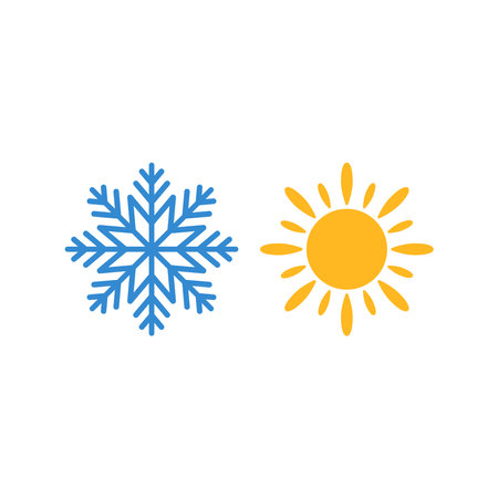 Weather forecast symbols. Snowflake and sun vector icon on white.のイラスト素材