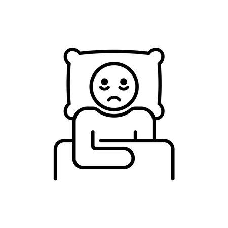 Insomnia linear icon. The man lies in bed and cannot sleep.のイラスト素材