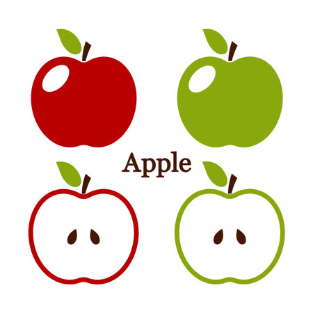 Red and green apples icons set, whole and halves of fresh, juicy, ripe fruits.のイラスト素材