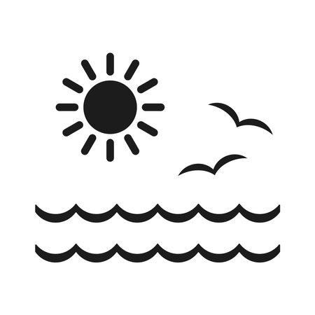 sea icon. Design of the sun, waves and seagulls on a white background.のイラスト素材