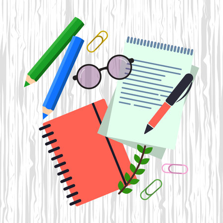 Notepad for writing or drawing, planner, workplace organization with stationery items on wood surface.のイラスト素材
