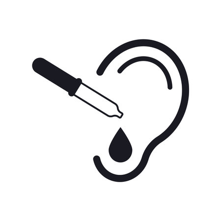 treatment of otitis. Icon of auricle and pipette with drops. Flat vector design.のイラスト素材