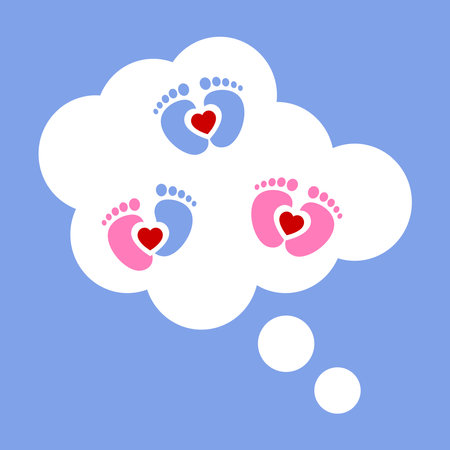 Favorite baby boy and girl feet on a cloud of thought. The concept of dreams, love, care and motherhood.のイラスト素材