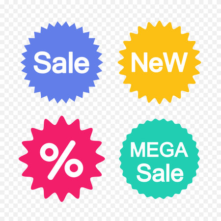 Collection of stickers, labels for promoting new products, prices, sales, advertising business concept.のイラスト素材