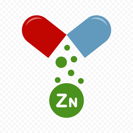 Abstract red and blue capsule with zinc minerals. Healthy food supplement concept for complete nutrition. Graphic design vector illustration.のイラスト素材