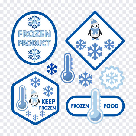 Frozen food label, packaging and storage, thermometer and snowflake stickers.のイラスト素材