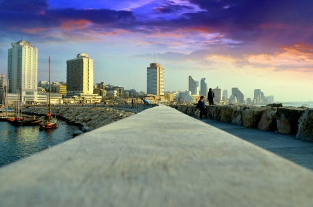 High buildings and purple sky in Tel Avivのeditorial素材