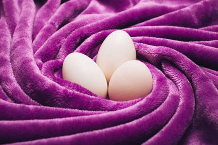 Purple pastel fur background with eggs. Minimal eastern concept. Minimal Easter Holiday idea.の写真素材
