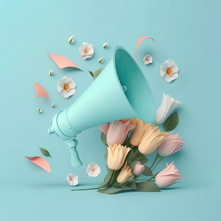Creative concept of a loud megaphone and flowers. Minimal spring idea. Pastel blue background. Generative AI.の素材
