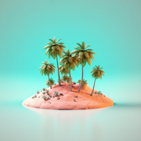 Isolated tropical island with palm trees. Minimal vacation concept. Generative AI.の素材