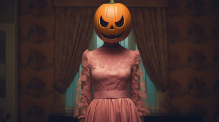 A woman donning a pink retro dress, with a carved pumpkin atop her head, stands in front of window in vintage room. Generative AI.の素材