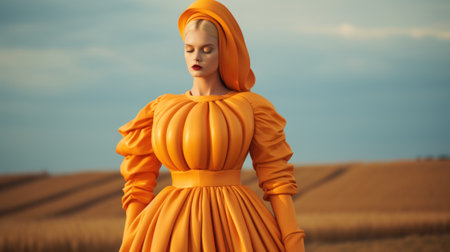 Sunlit beautiful woman, dressed in a stylish orange leather dress, standing amidst a wheat field before harvest. Generative AI.の素材