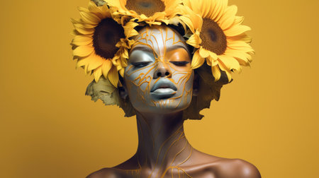 An African woman with closed eyes and a painted face exudes a serene presence, accentuated by the delicate wreath of sunflowers adorning her head.の素材