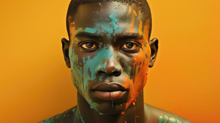 Portrait of an African man covered in green and orange paint against an orange background.の素材