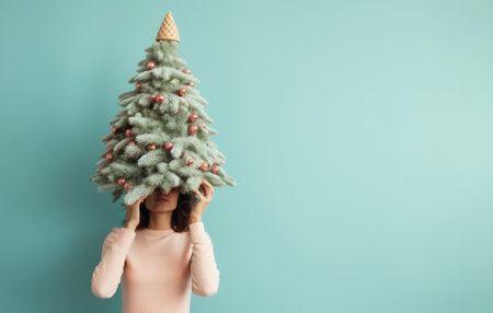 An illustrated scene featuring a girl holding a Christmas tree atop her head, adorned with red ornaments and an ice cream cone in place of a topper. Generative AI.の素材