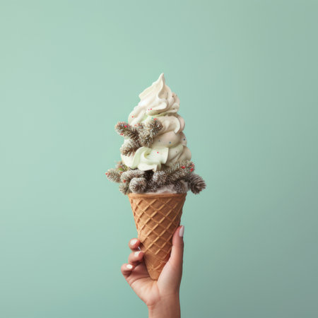 A hands holds winter holiday ice cream decorated with branches of Christmas tree. Generative AI.の素材