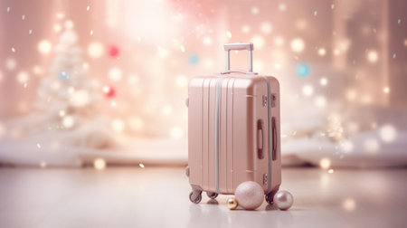 Modern suitcase packed for travel for winter holiday season against blurry shiny background.の素材