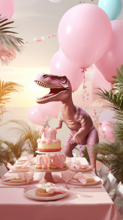 A cheerful pink dinosaur stands in front of a birthday cake, celebrating its birthday on the beach amidst balloons. A tropical celebration.の素材