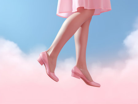Woman's legs in pink heels are suspended above the ground, high in the clouds.の素材