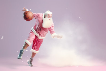 Creative Illustration of aged gentleman with a gray beard donning a Santa Claus suit, playing basketball against bright pastel violet background. Generative AI.の素材