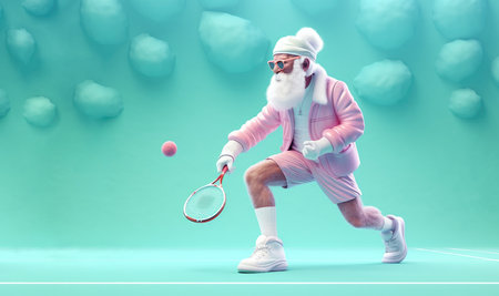 Aged gentleman with a gray beard donning a futuristic pink Santa Claus suit, gripping a tennis racket and playing tennis, against a pastel blue backdrop. Generative AI.の素材