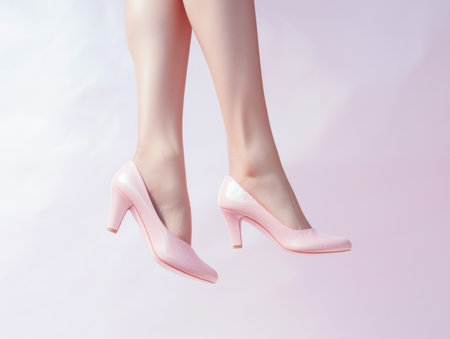 Woman's legs in pink heels are suspended above the ground.の素材