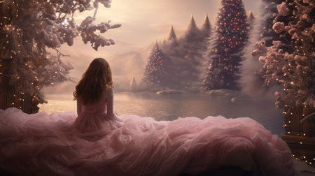 A girl sits in long fluffy pink dress by the misty lake shore, gazing at the Christmas trees.の素材
