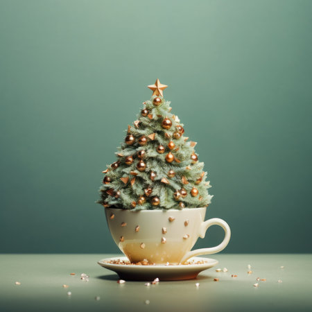 A small Christmas tree adorned with golden ornaments stands in a coffee cup.の素材