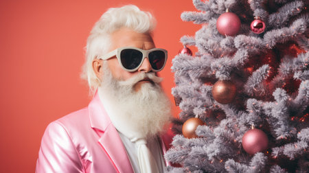 A middle-aged man with a white beard, wearing pink formal attire and sunglasses, looks at the Christmas tree.の素材