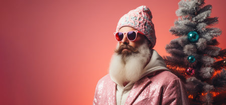 The bearded man, wearing sunglasses, dressed in a retro shiny jacket and a winter cap, stands beside a Christmas tree, against red background.の素材