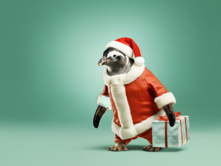 A penguin dressed as Santa Claus is holding a Christmas gift, against green background.の素材