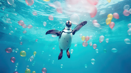 Penguin swimming underwater, surrounded by colorful balloons.の素材