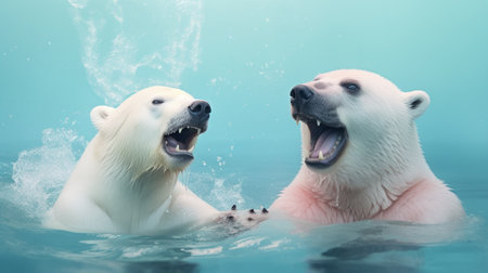 Two cheerful polar bears enjoying a bath in the cold ocean.の素材
