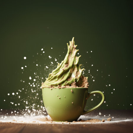 A cup of hot chocolate with green whipped cream forming the shape of a Christmas tree.の素材