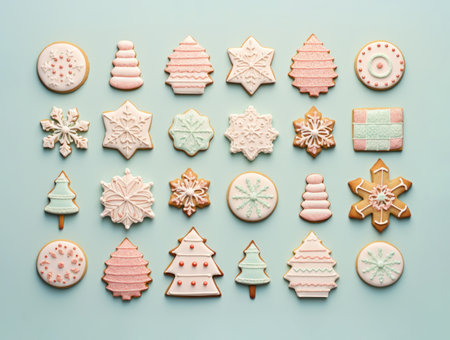 Neatly arranged assorted gingerbread cookies against a blue background.の素材
