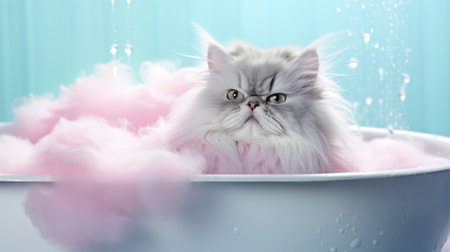 A moody Persian cat bathing in a bathtub with foam.の素材