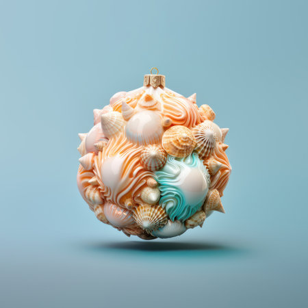 Christmas bauble ornament made of seashells against a pastel blue background.の素材