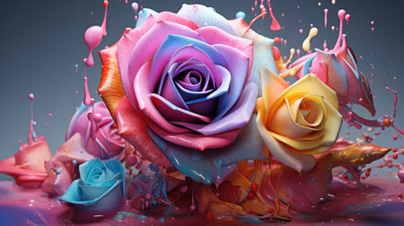 A multicolored roses falling and floating in splash of liquid color.の素材