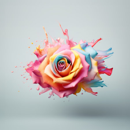 A multicolored rose in splash of liquid paint against bright background.の素材