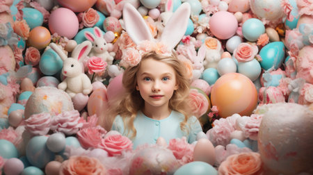 A beautiful little girl with bunny ears and flowers on her head is standing in the middle of an Easter wonderland filled with colored eggs, flowers and white rabbit toys.の素材