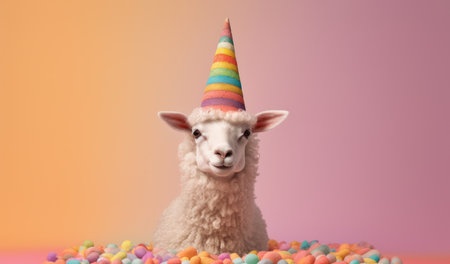 Sheep with rainbow colored hat. Orange pink pastel background. Generative AI.の素材