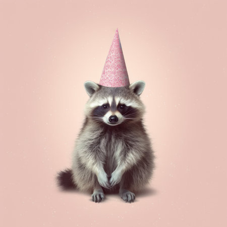 Fluffy funny raccoon with birthday hat against pastel pink background. Minimal birthday concept. Generative AI.の素材