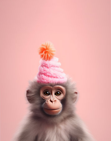 Cute fluffy monkey with a pink birthday hat against pastel background. Generative AI.の素材