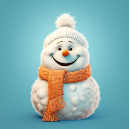 Illustration of fluffy snowman with a blue winter hat and scarf against pastel blue background.  Generative AI.の素材