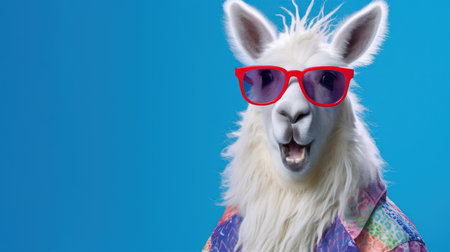 A lama with red glasses looking suprised in a trendy colorful vintage jacket. Abstract, creative, illustrated, minimal portrait of a wild animal with glasses dressed up as a man in vibrant clothes.Generative AI.の素材