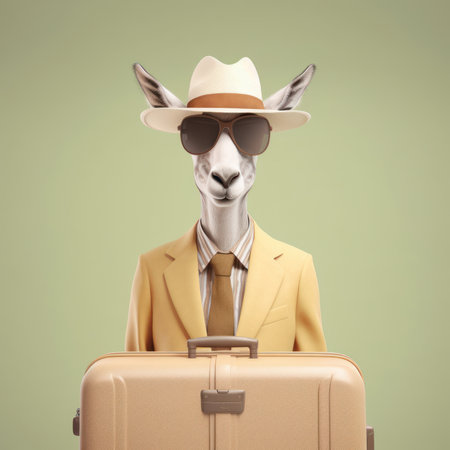 A antelope with glasses, bisnis suit and hat. Abstract, creative, illustrated, minimal portrait of a wild animal dressed up as a man for business trip. Generative AI.の素材