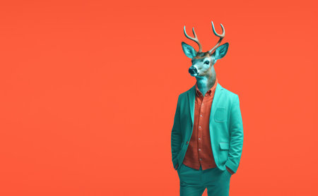 Portrait of Reindeer who looks like a man. An illustration of an animal dressed green suit, with big horns that is a symbol of Christmas. Vivid red background. Generated AI.の素材