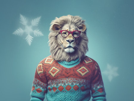 Portrait of self confident lion who looks like a man. An illustration of an animal dressed in christmas sweater and with red glasses. Frosty snowy pastel blue background. Generated AI.の素材